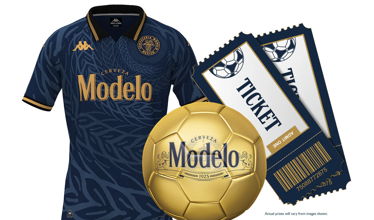 Modelo Jersey, soccer ball, and tickets